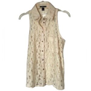 Forever21 Blouse Floral Cream Lace Sheer Button Up Woven Sleeveless Ecru Top NEW